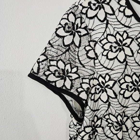 Adrianna‎ Papell A-line Dress Sz 6 Floral Lace Overlay Ivory Black Short Sleeve - Picture 8 of 13
